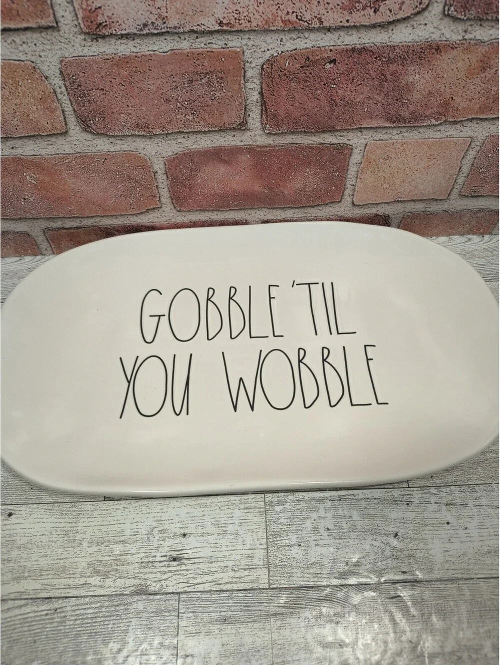 Rae Dunn Ceramic White Rectangle Thanksgiving Platter Gobble 'Til You Wobble